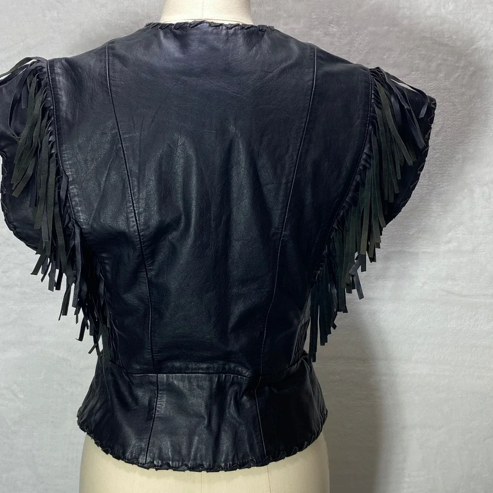 HARLEY DAVIDSON Womens XS Black Leather Vest‎ Fringe Biker Chick Motorcycle